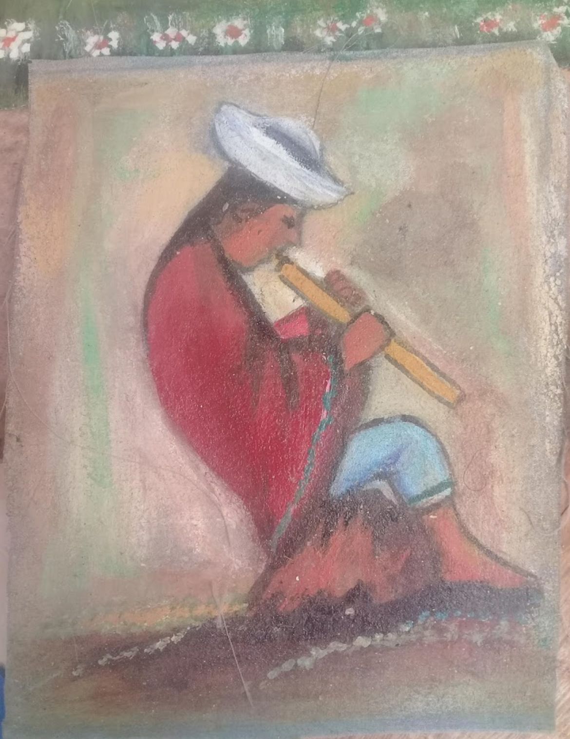 Pintura "Melodía Andina": Músico de Zampoña